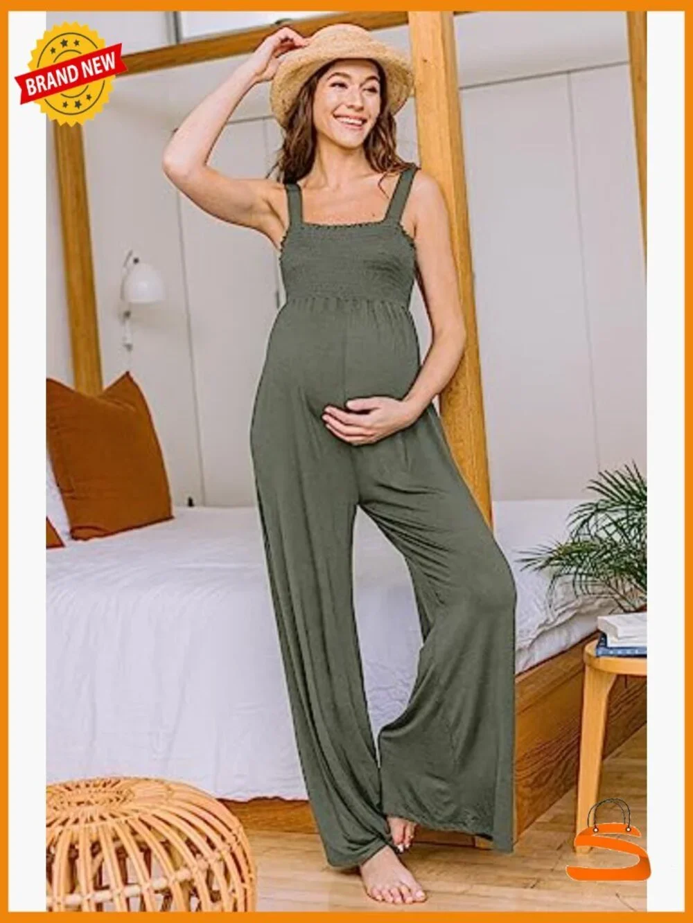 Maternity Sleeveless Jumpsuit Romper Smocked Neck Pockets